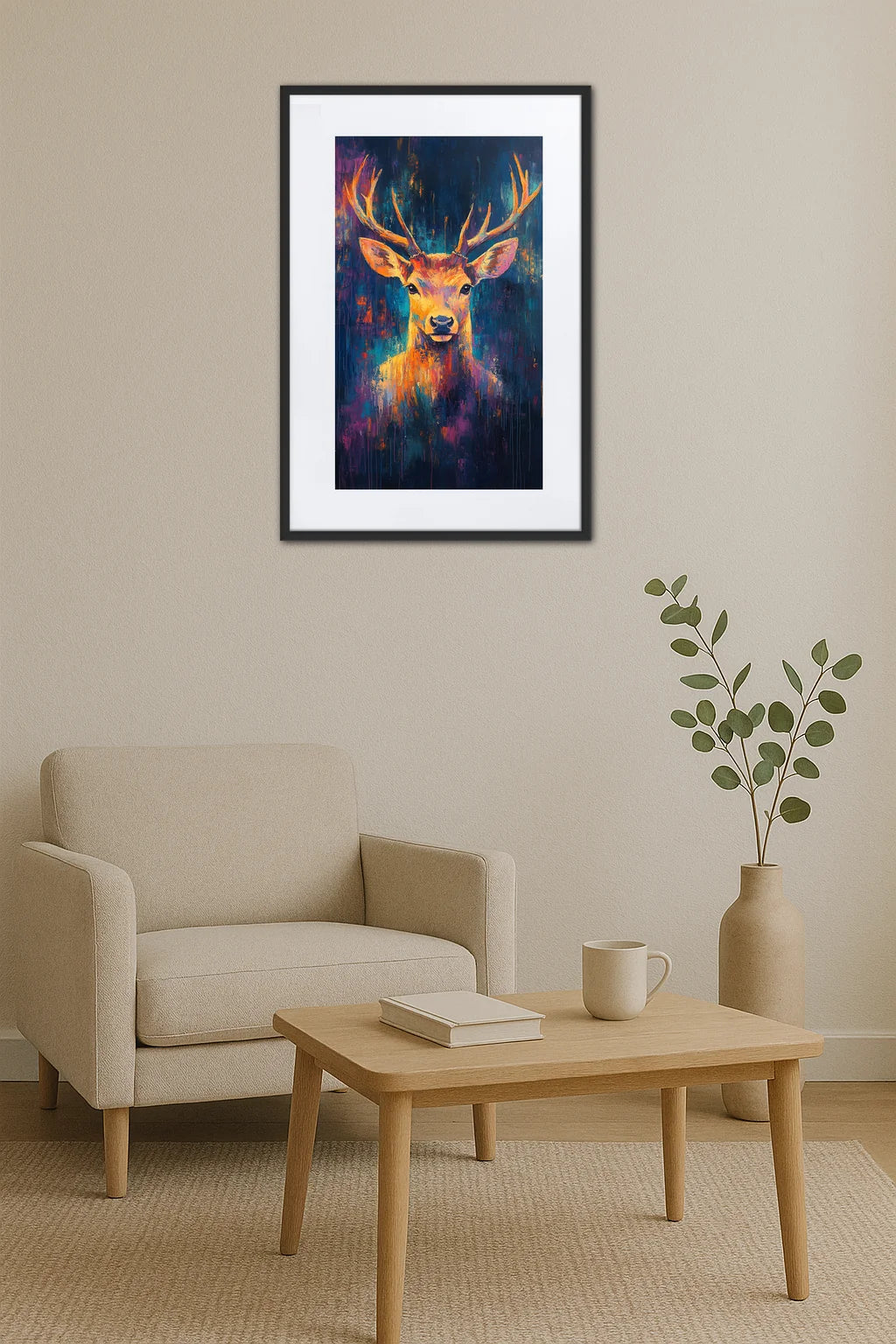 tableau cerf style néon aux couleurs vives dans un salon beige