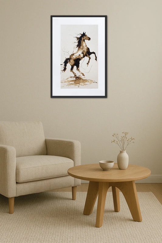 Tableau encre cheval abstrait représentant un cheval cabré avec éclaboussures artistiques au-dessus d’une table basse en bois dans un salon élégant