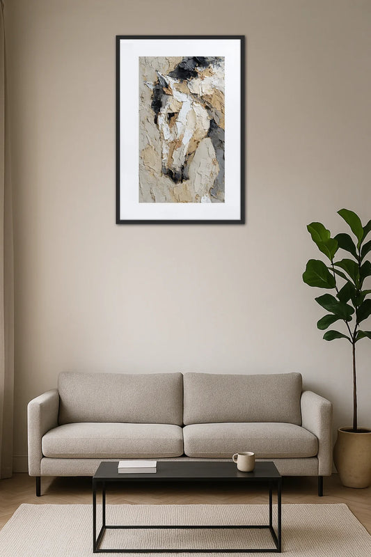 Tableau cheval abstrait avec peinture épaisse et texture relief au-dessus d’un canapé dans un salon