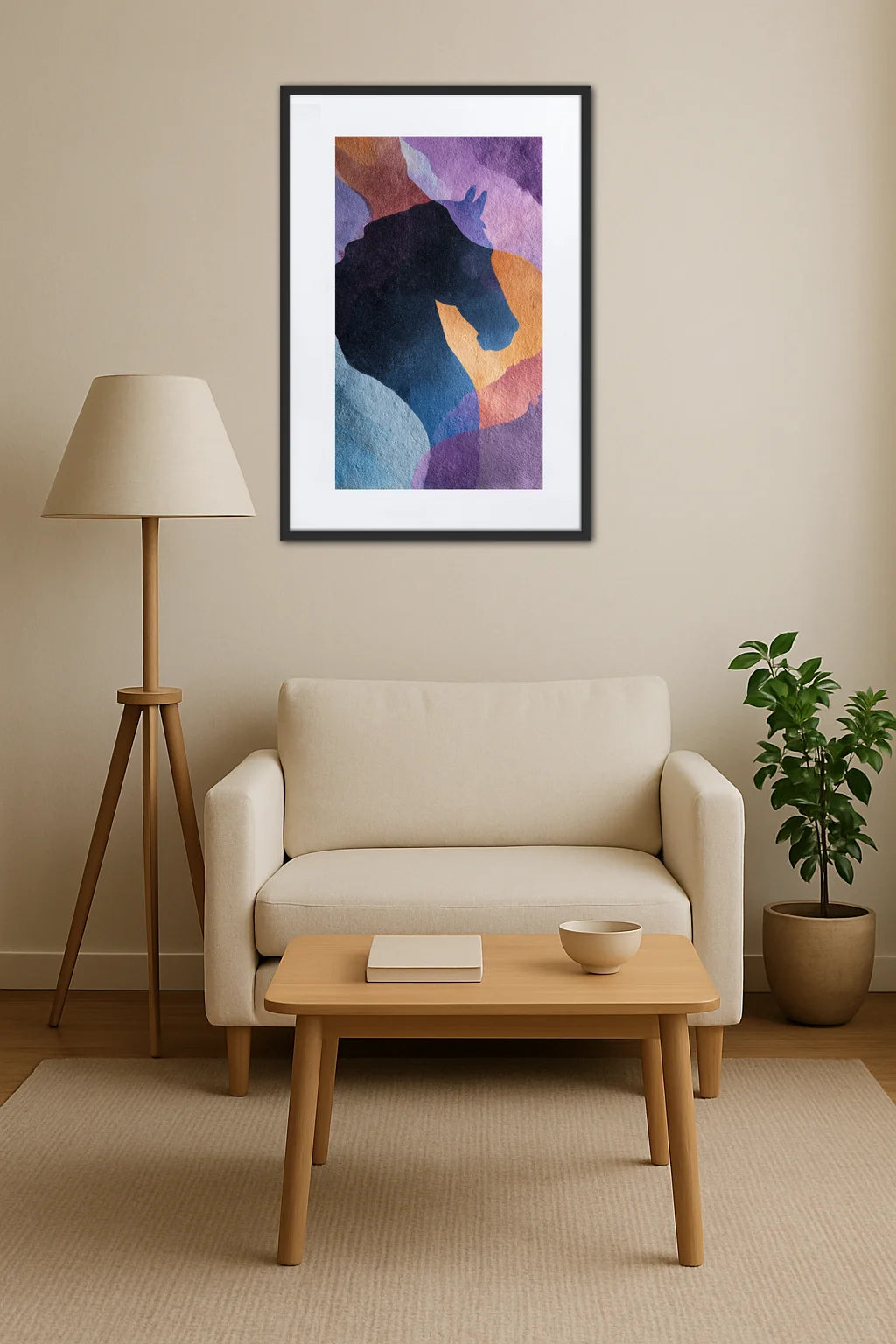 Tableau cheval abstrait en aplats de couleurs au-dessus d’un canapé avec table basse en bois et lampe sur pied