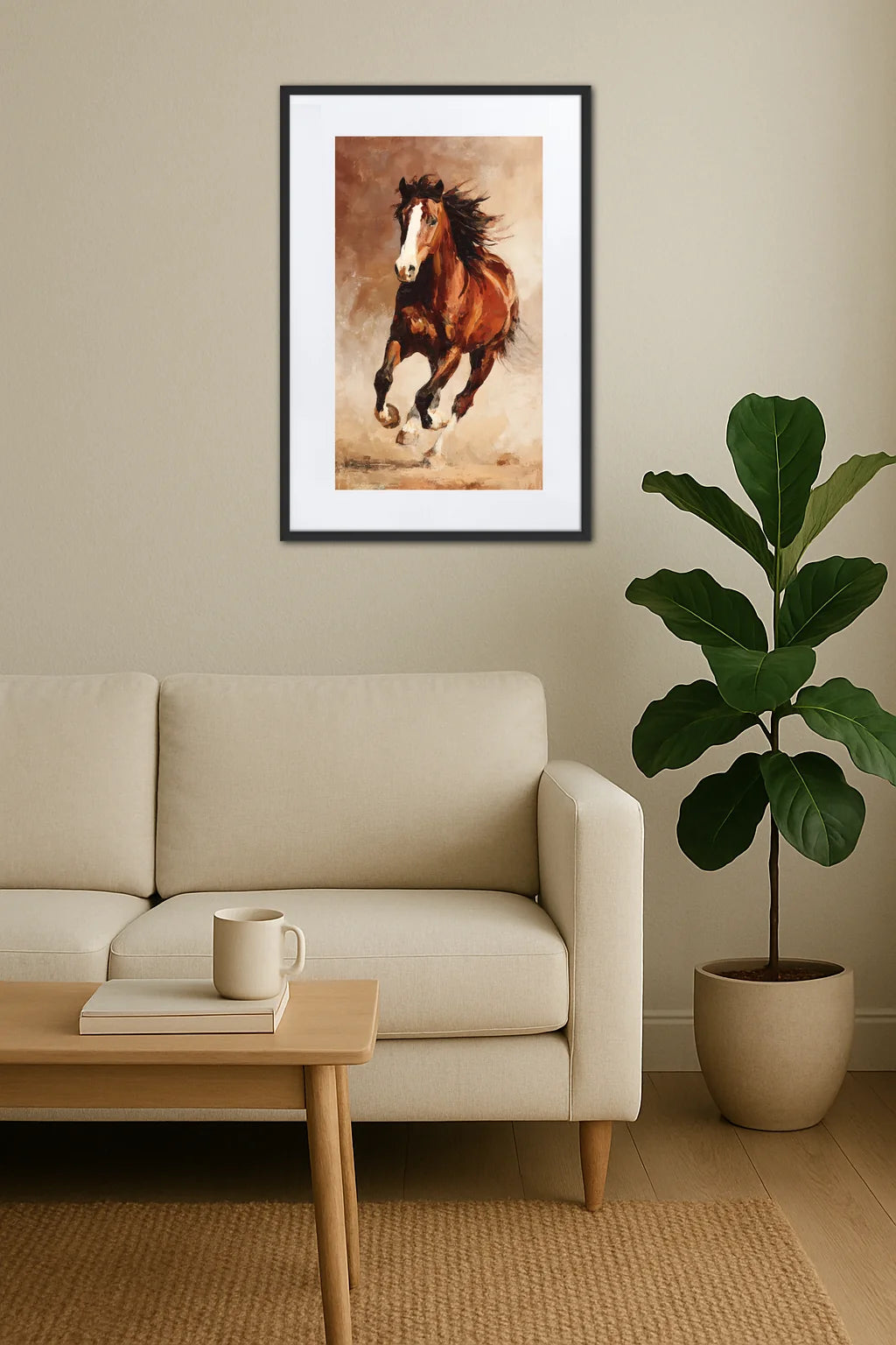 tableau cheval au galop accroché au mur au-dessus d’un canapé avec table