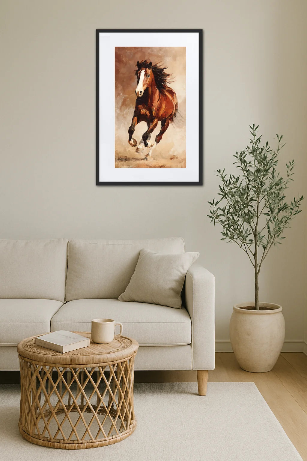 tableau cheval au galop accroché au mur au-dessus d’un canapé avec plante