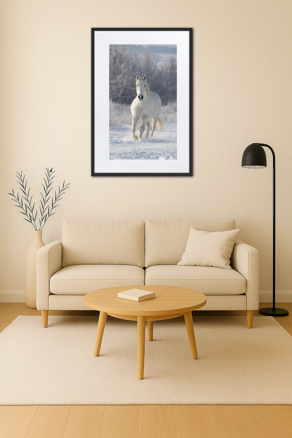 tableau cheval blanc accroché au mur au-dessus d’un canapé avec lampe