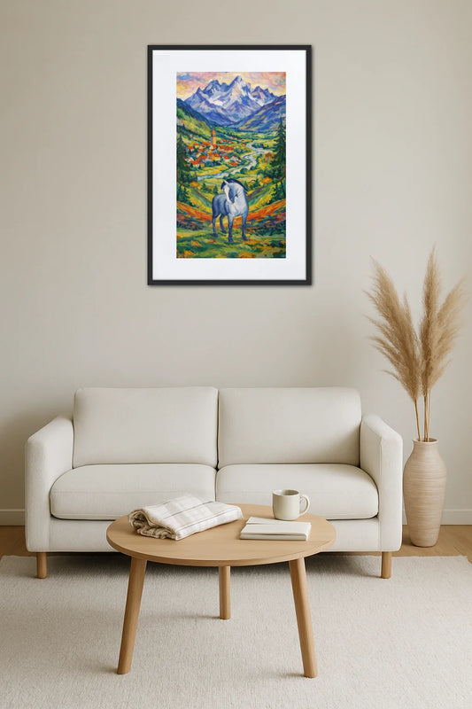 tableau cheval bleu accroché au mur au-dessus d’un meuble dans un salon avec fauteuil