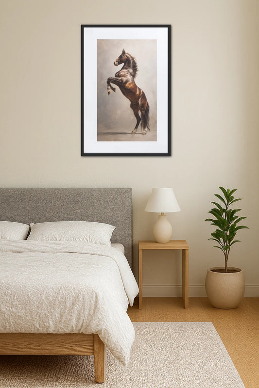 tableau cheval cabré accroché au mur dans une chambre