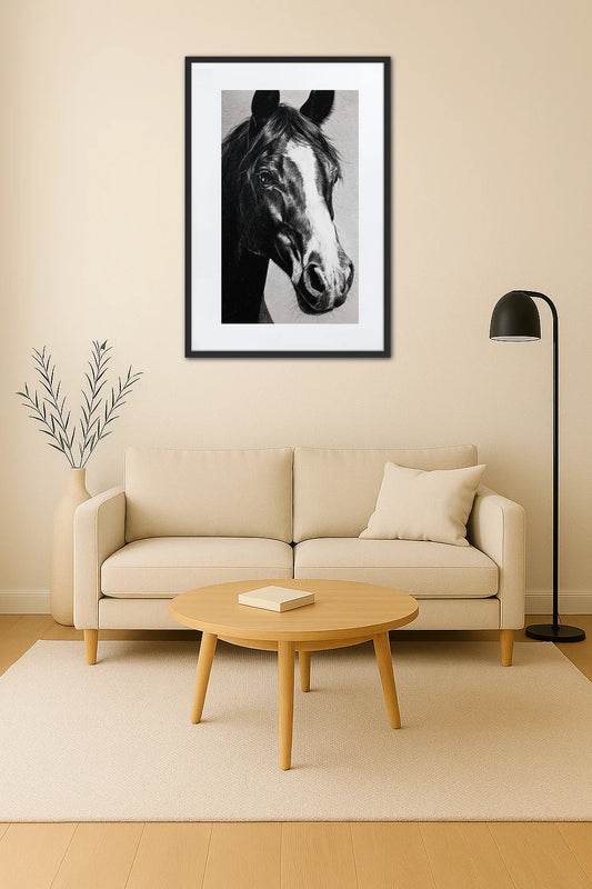 Tableau cheval noir et blanc style dessin au crayon au-dessus d’un canapé avec table basse ronde en bois et lampe moderne