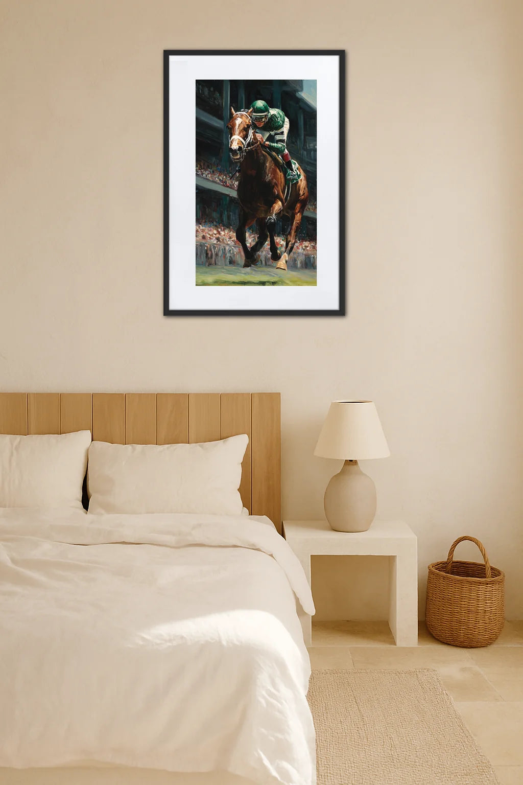 Tableau tableau cheval de course accroché au mur dans une chambre à coucher