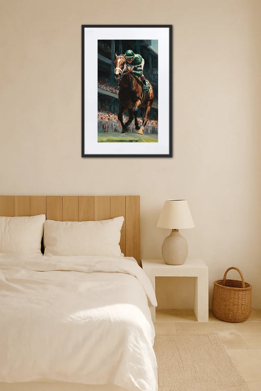 Tableau tableau cheval de course accroché au mur dans une chambre à coucher