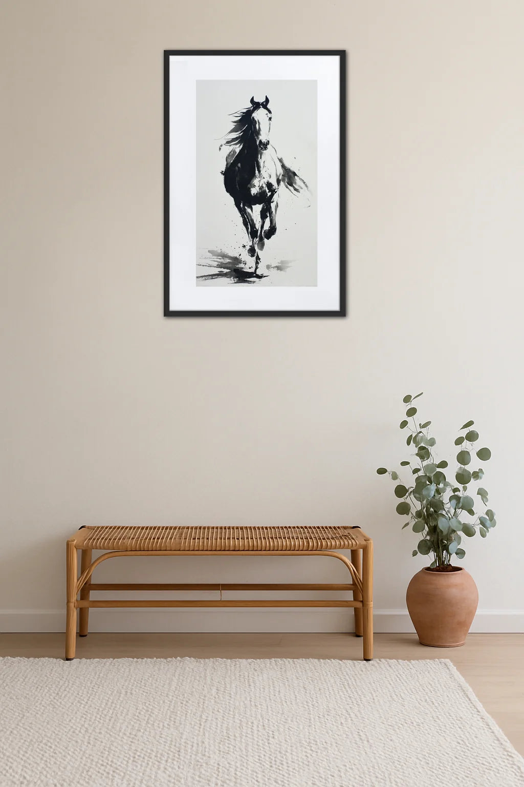 Tableau cheval encre de Chine noir et blanc au-dessus d’un banc en rotin avec plante dans un intérieur minimaliste