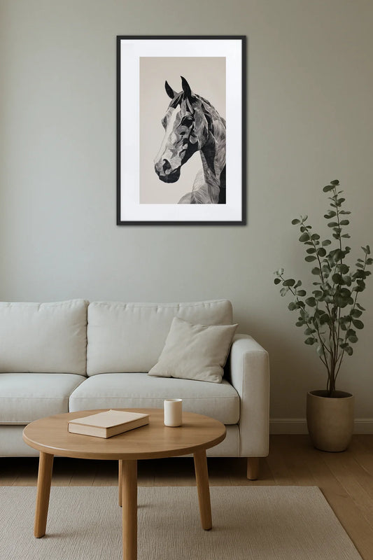 Tableau cheval style estampe noir et blanc au-dessus d’un canapé avec table basse ronde en bois et plante verte