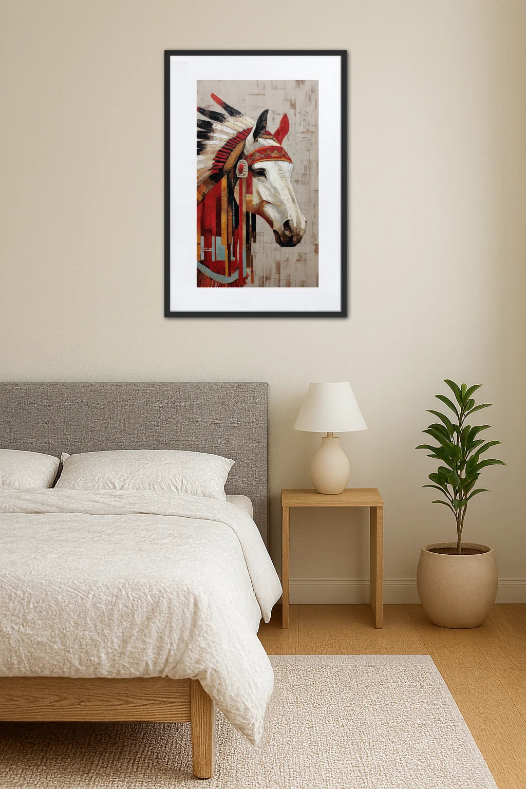 tableau cheval indien accroché au mur au-dessus d’un lit dans une chambre