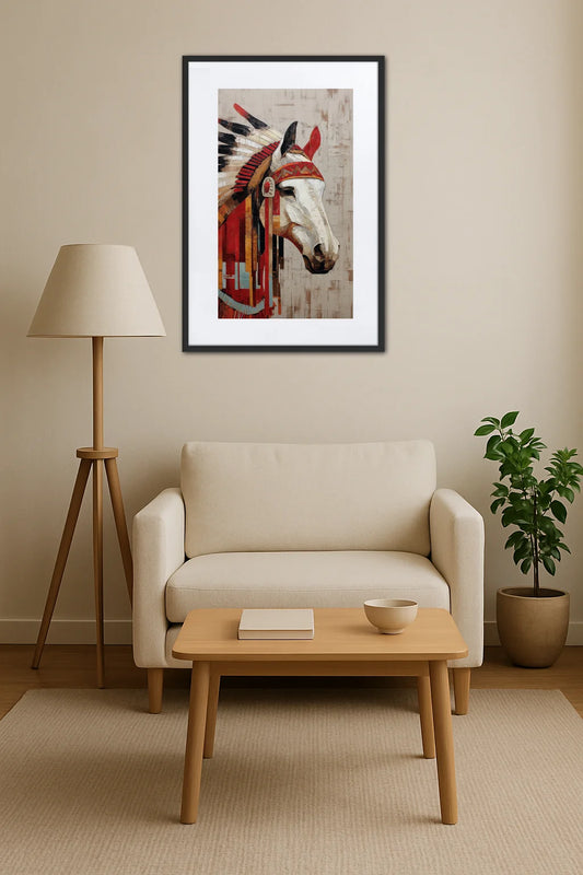 tableau cheval indien accroché au mur au-dessus d’un canapé avec lampe