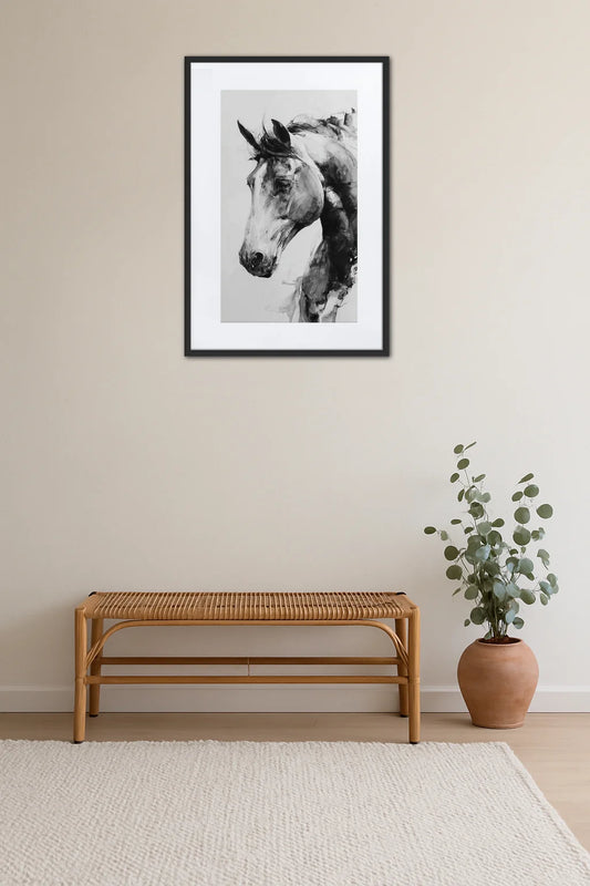 Tableau cheval en lavis noir et blanc au-dessus d’un banc en bois dans une décoration naturelle avec plante verte