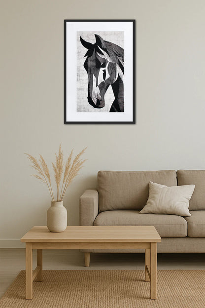 Tableau cheval en linogravure noir et blanc au-dessus d’un canapé avec table basse en bois et décoration minimaliste