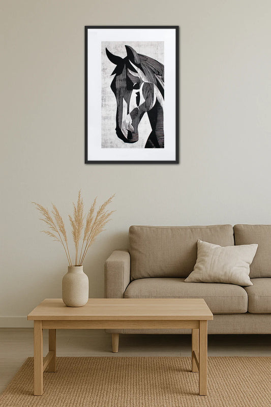 Tableau cheval en linogravure noir et blanc au-dessus d’un canapé avec table basse en bois et décoration minimaliste