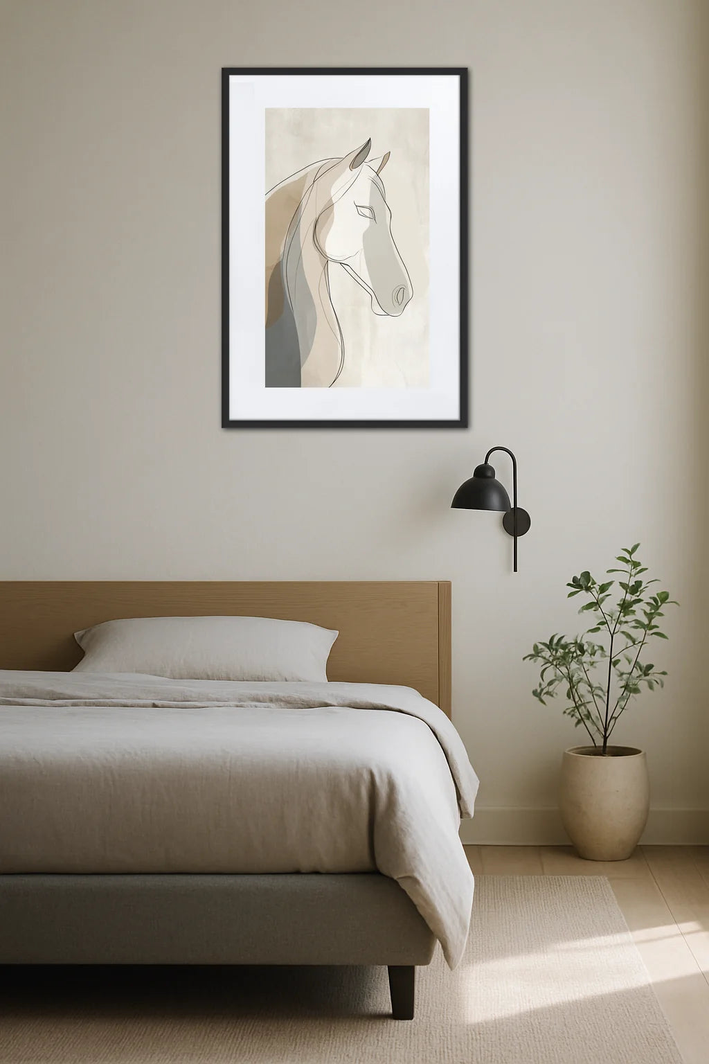 Tableau cheval minimaliste dans une chambre au-dessus du lit