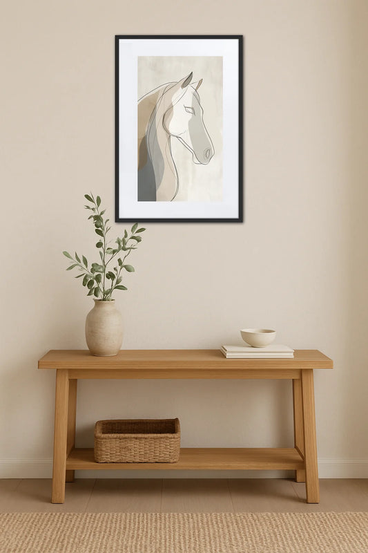 Tableau cheval minimaliste dans une entrée avec meuble en bois