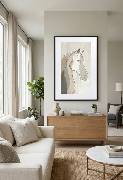 Tableau cheval minimaliste dans un salon lumineux au-dessus d’un meuble