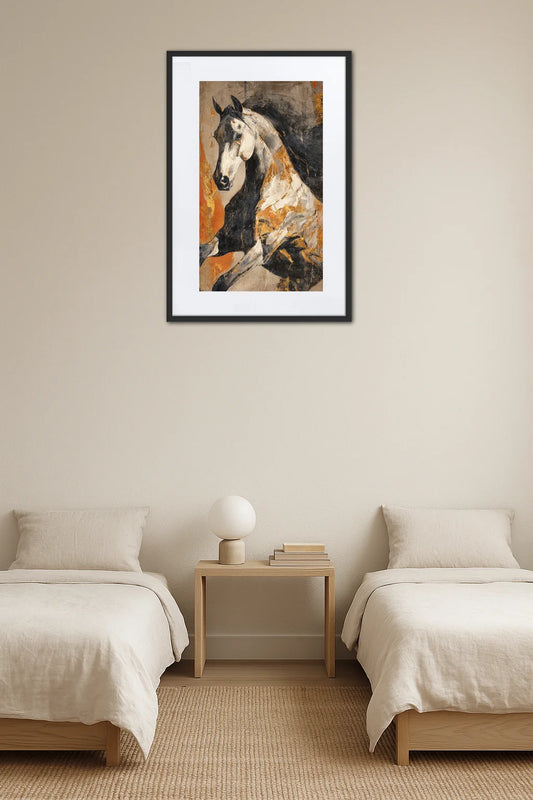 tableau cheval moderne accroche au mur dans une chambre