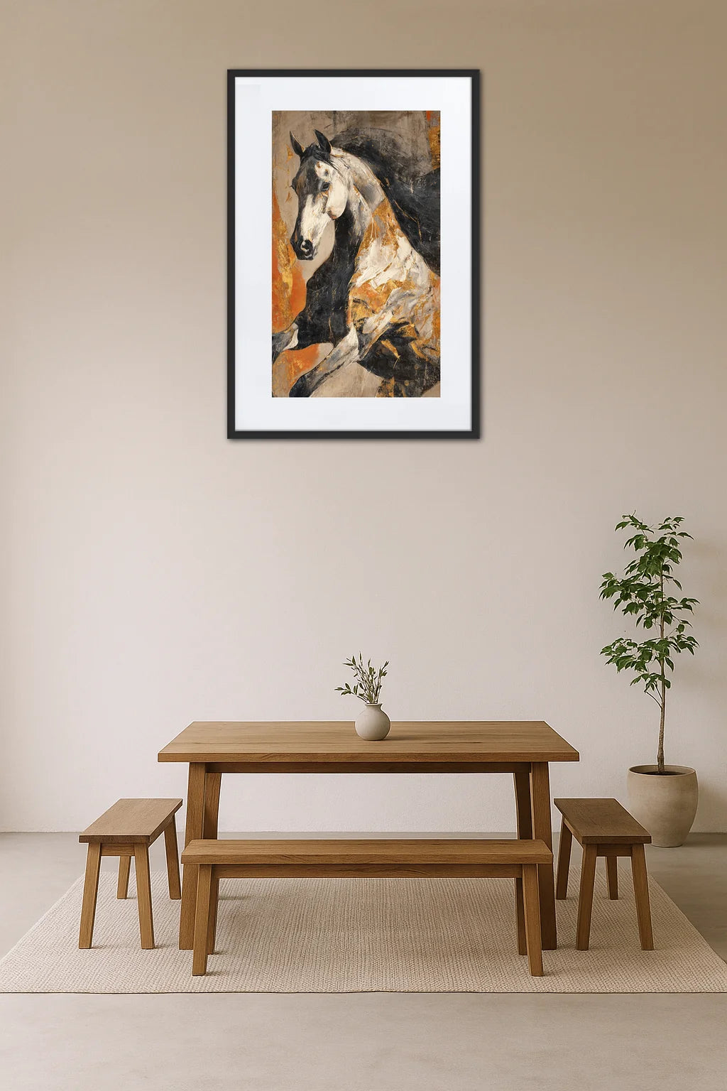 tableau cheval moderne accroché au mur dans une salle a manger