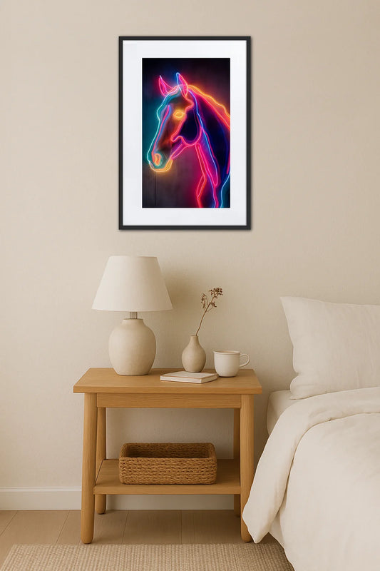 Tableau cheval néon pop art au-dessus d’une table de chevet en bois avec lampe dans une chambre moderne