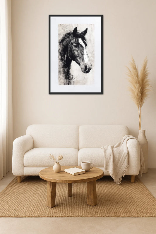 Tableau cheval noir et blanc style fusain au-dessus d’un canapé beige avec table basse en bois dans un salon moderne