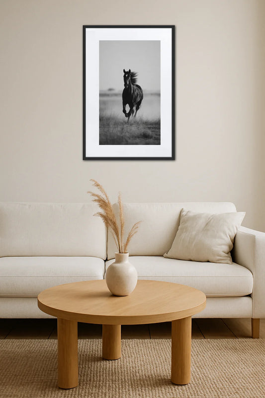 Tableau photographie cheval noir et blanc au-dessus d’un canapé beige avec table ronde en bois et vase décoratif
