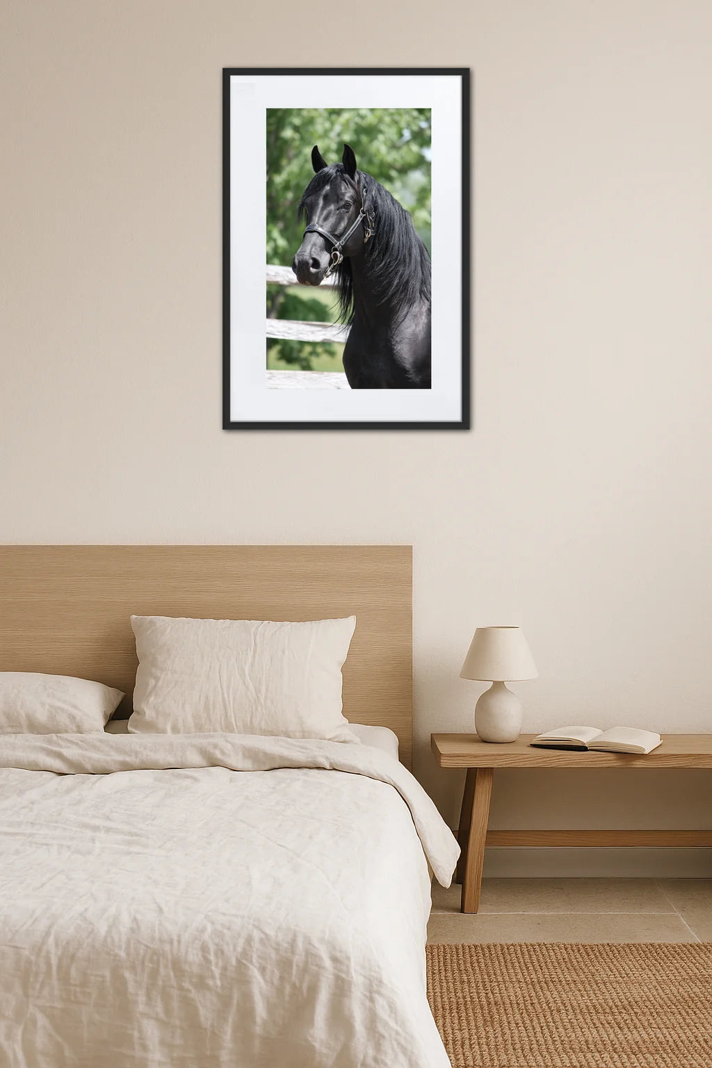 tableau cheval noir accroché au mur au-dessus d’un lit dans une chambre