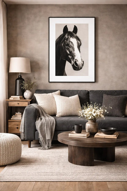 Tableau cheval noir et blanc crayon