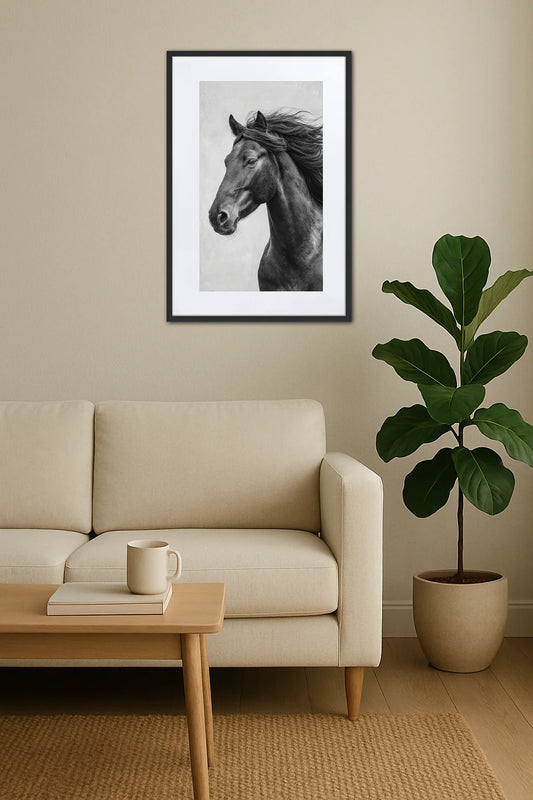 Tableau Cheval Noir et Blanc Crinière
