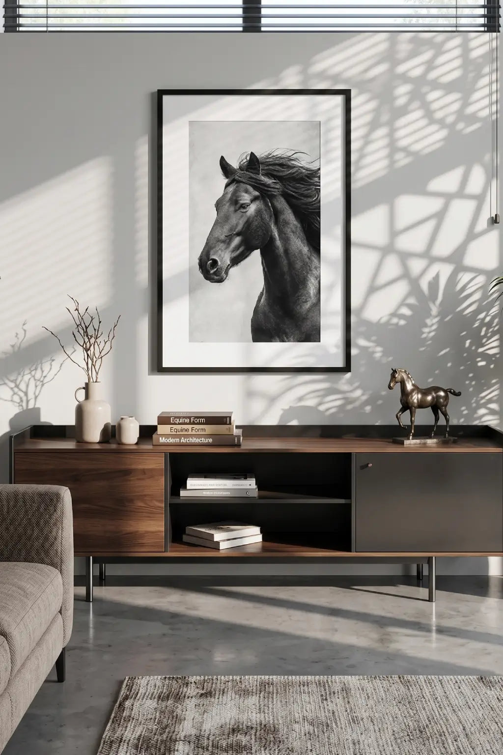 Tableau cheval noir et blanc crinière
