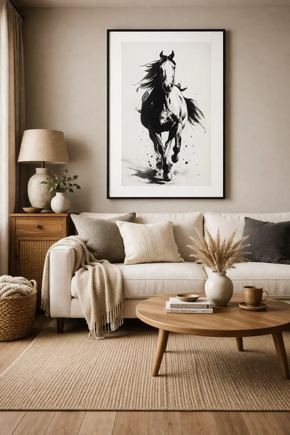 Tableau cheval noir et blanc encre de chine
