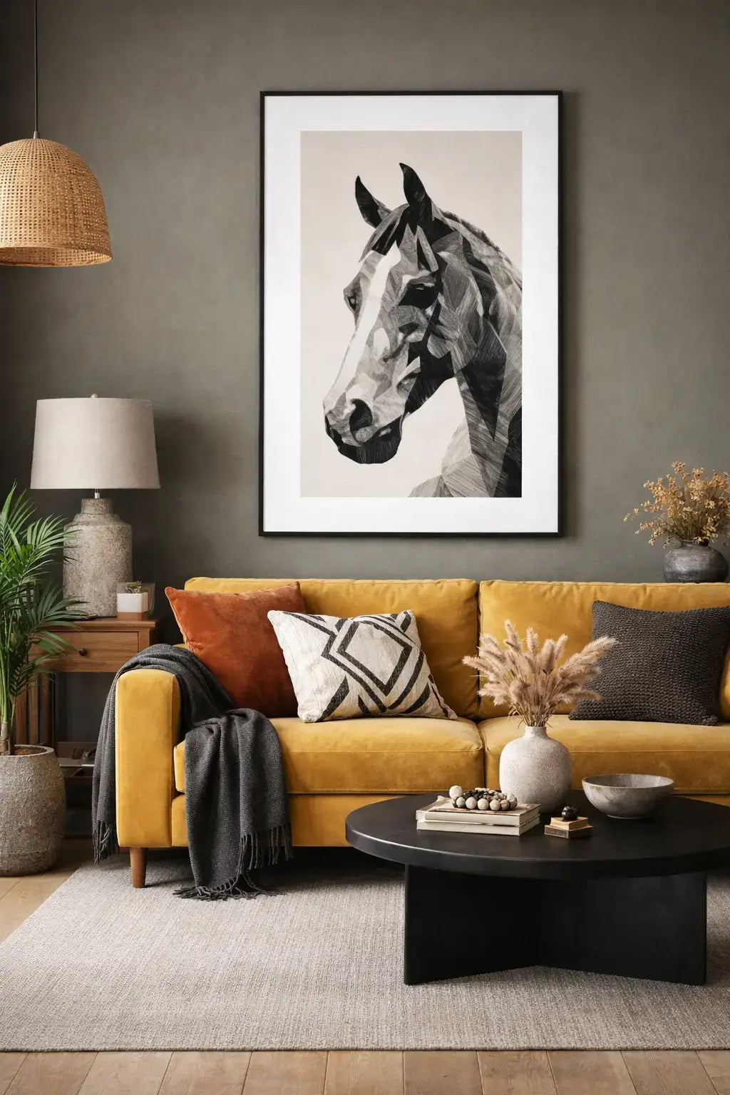 Tableau cheval noir et blanc estampe
