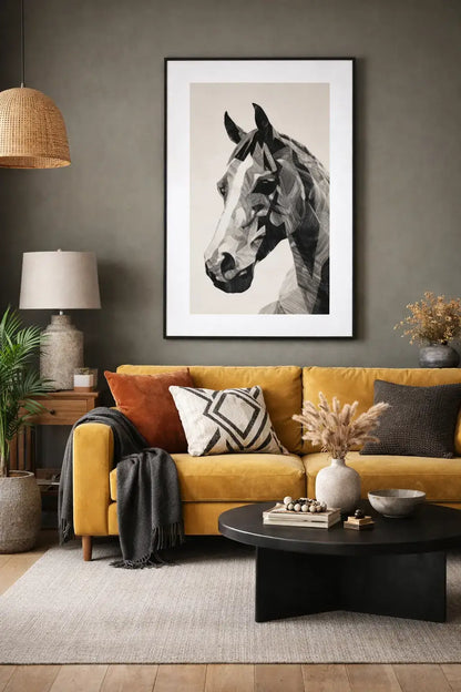 Tableau cheval noir et blanc estampe