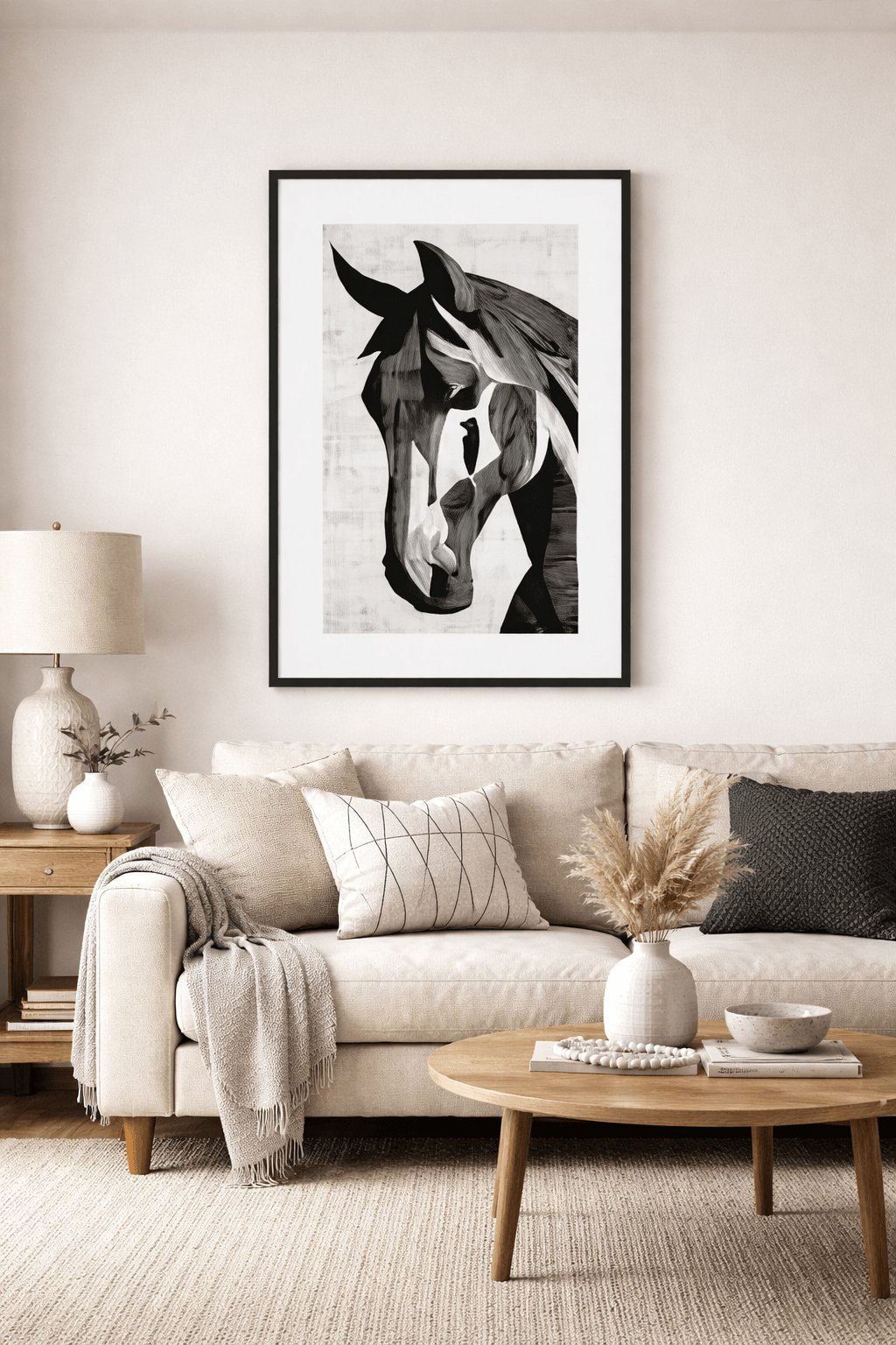 Tableau cheval noir et blanc linogravure