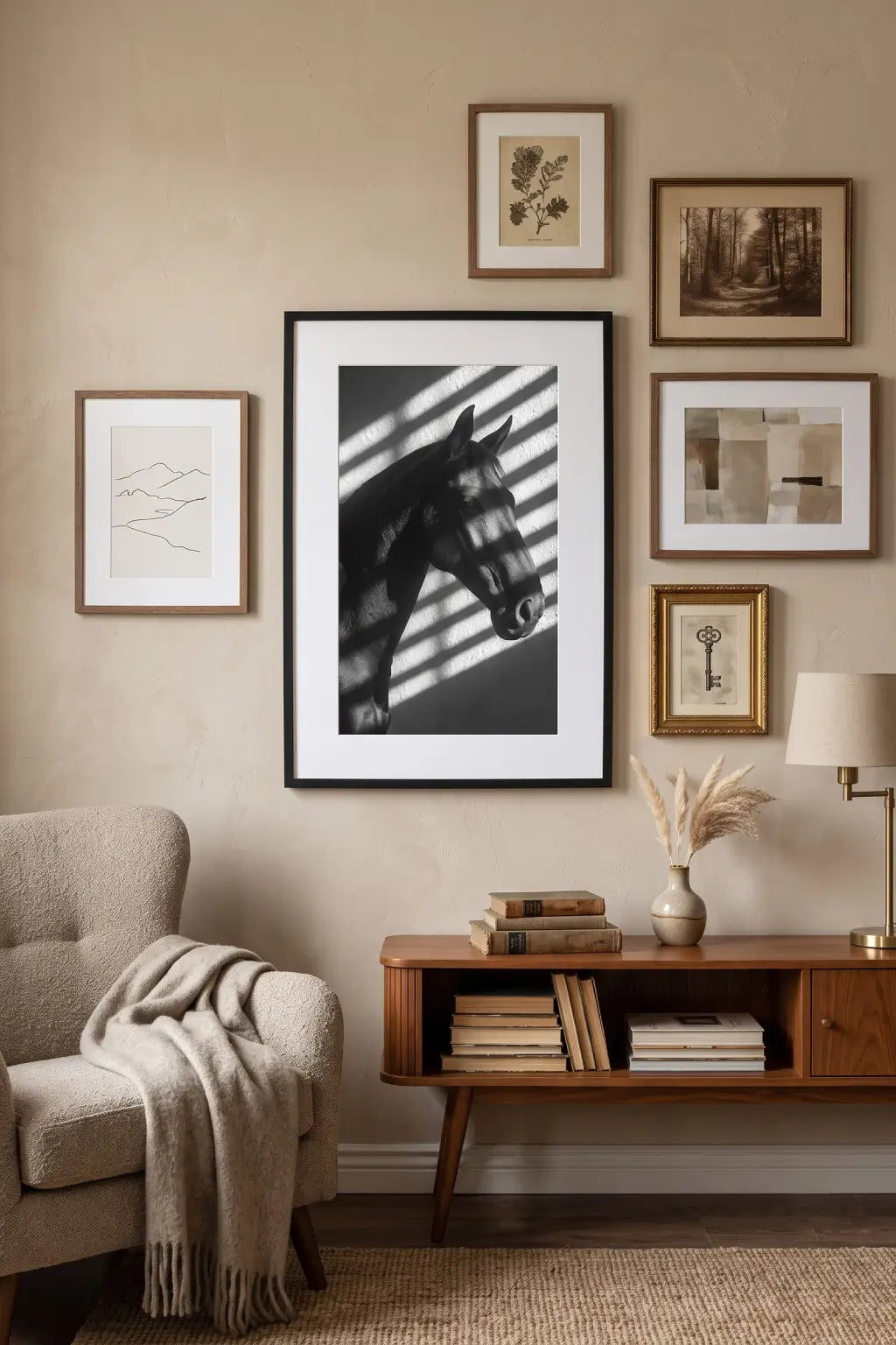 Tableau Cheval Noir et Blanc Ombres