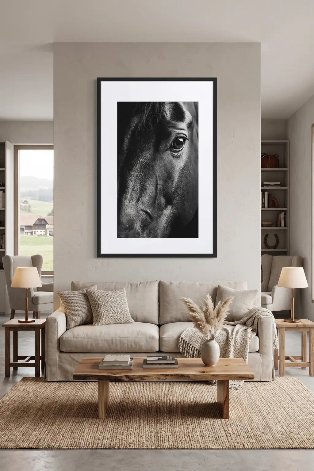Tableau cheval noir et blanc regard