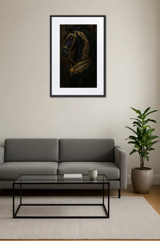 tableau cheval noir et or accroché au mur dans un salon élégant avec canapé beige