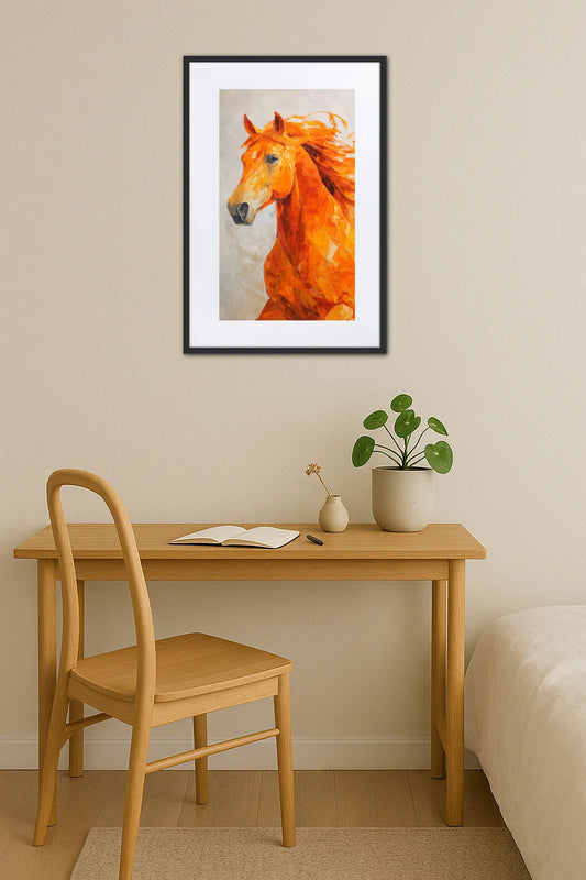 tableau cheval orange accroché au mur au dessus d’un bureau en bois clair