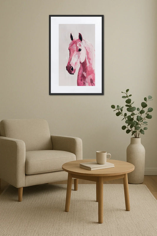 tableau cheval rose accroché au mur dans un salon avec canapé beige et décoration naturelle