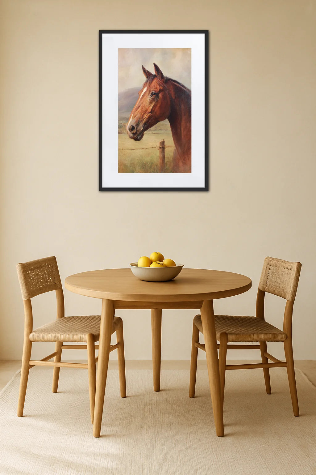 tableau cheval vintage accroché au mur dans une salle à manger avec table