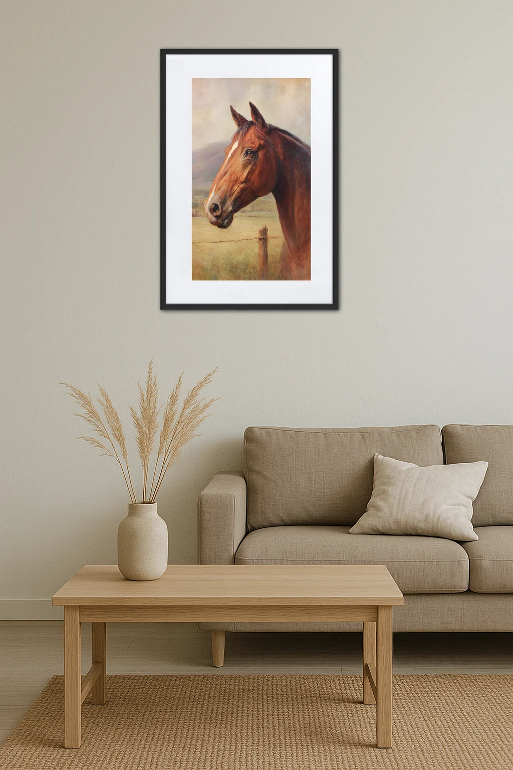 tableau cheval vintage accroché au mur au-dessus d’un canapé