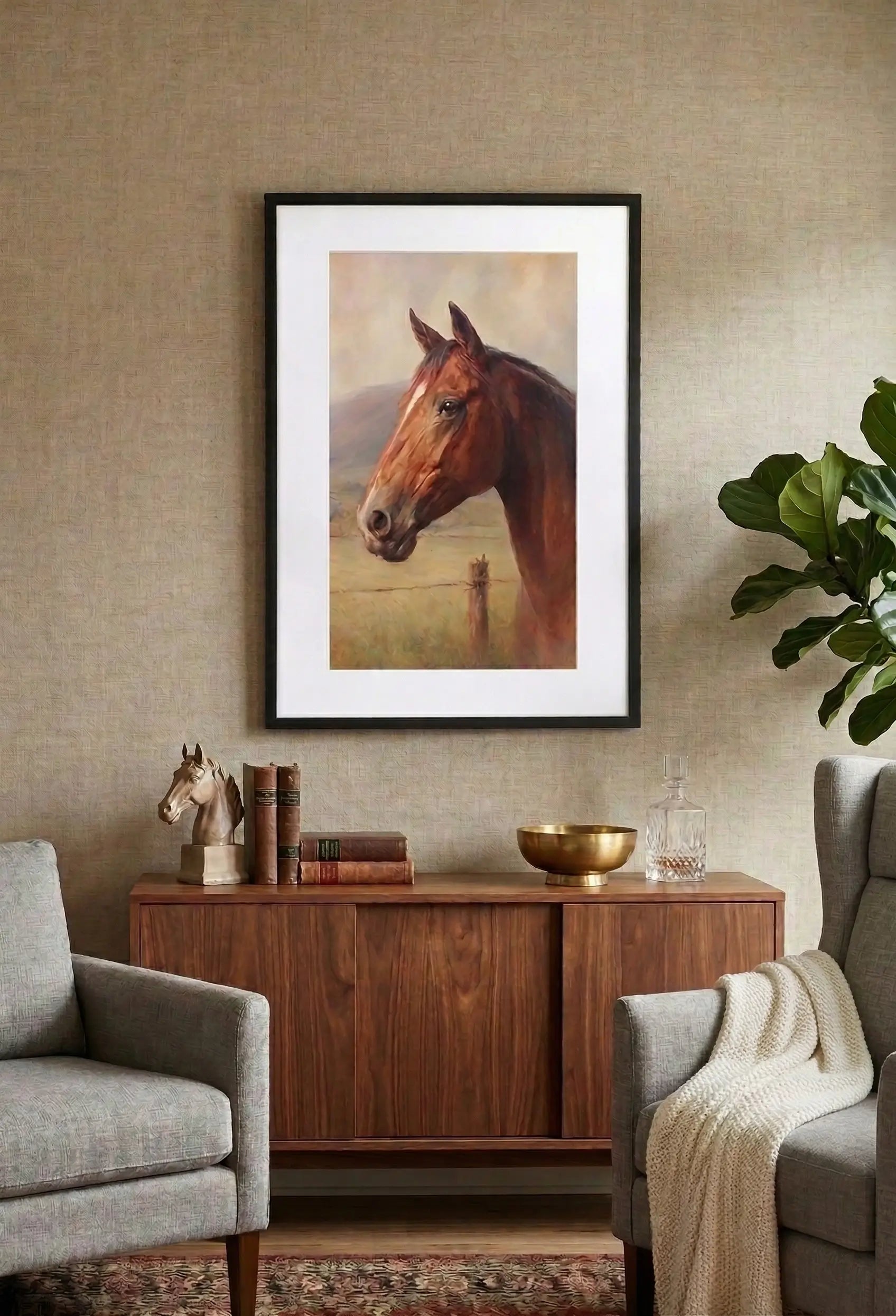 tableau cheval vintage accroche au mur au dessus d un meuble en bois