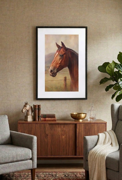 tableau cheval vintage accroche au mur au dessus d un meuble en bois