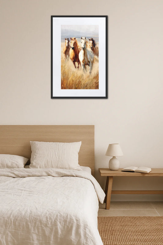 tableau chevaux sauvages accroché au mur au-dessus d’un lit dans une chambre