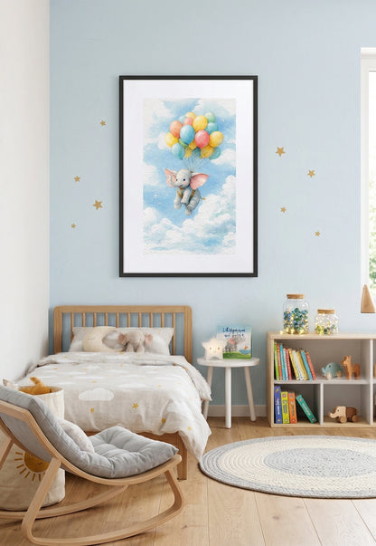Tableau éléphant avec ballons dans une chambre d’enfant décoration douce