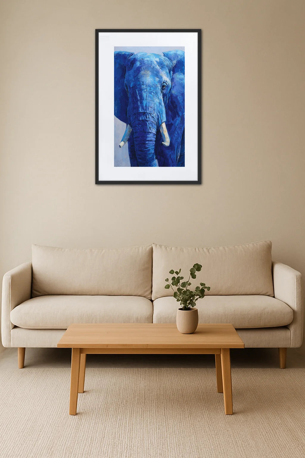 Tableau éléphant bleu accroché au mur dans une chambre décoration minimaliste