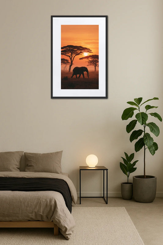 Tableau Éléphant Coucher de Soleil