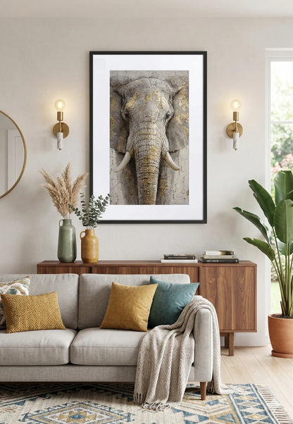 Tableau éléphant doré sur mur beige