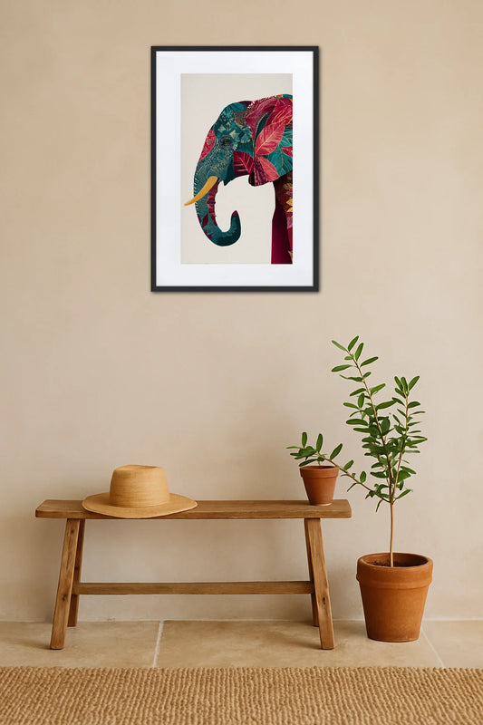 Tableau éléphant coloré accroché au mur dans une décoration intérieure avec banc en bois